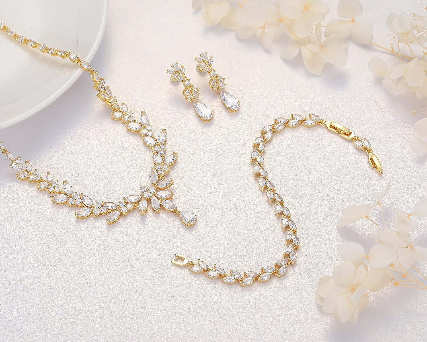 Jewelry Set for Women, Cubic Zirconia Necklace Dangle Earrings & Bracelet Jewelry Set for Bride Bridesmaid Wedding Engagement Prom Party