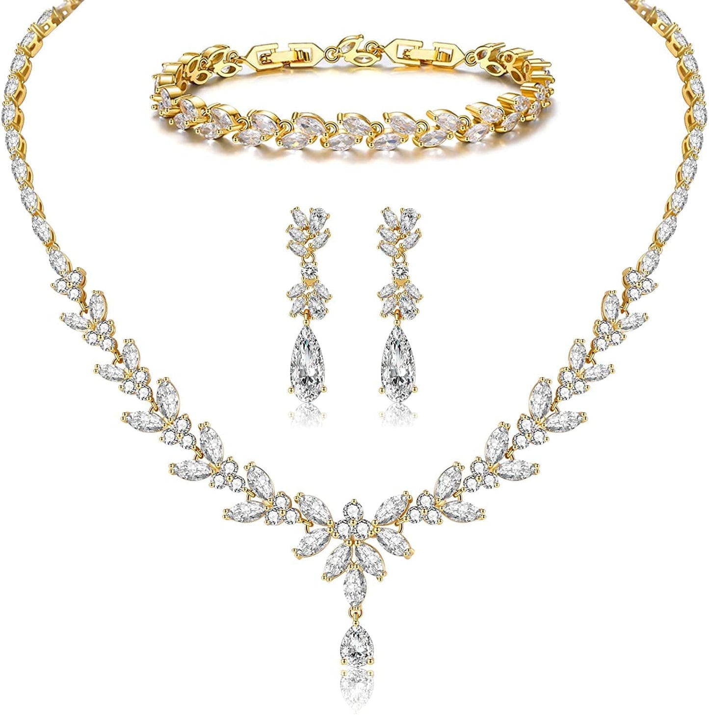 Jewelry Set for Women, Cubic Zirconia Necklace Dangle Earrings & Bracelet Jewelry Set for Bride Bridesmaid Wedding Engagement Prom Party Gold-Necklace+Bracelet+Earrings