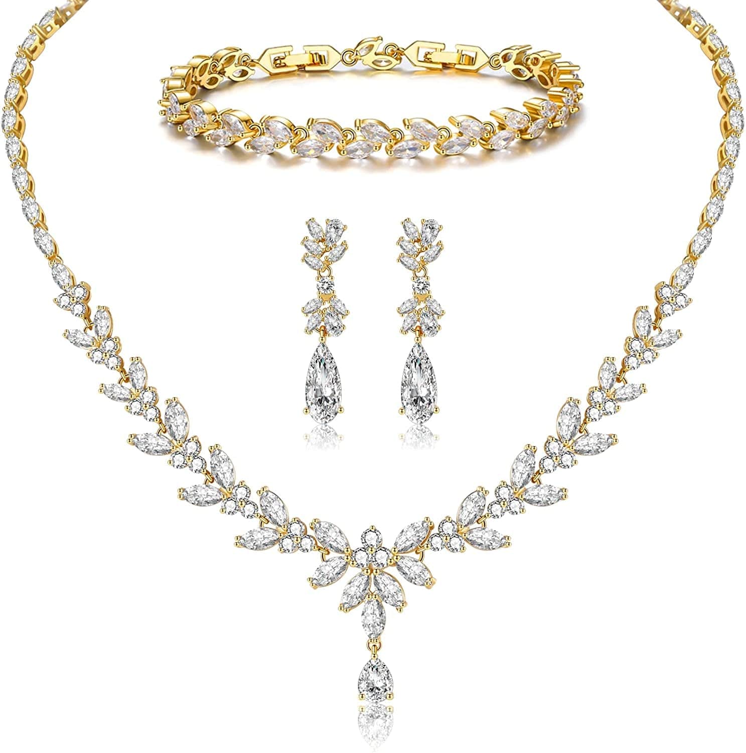 Jewelry Set for Women, Cubic Zirconia Necklace Dangle Earrings & Bracelet Jewelry Set for Bride Bridesmaid Wedding Engagement Prom Party Gold-Necklace+Bracelet+Earrings