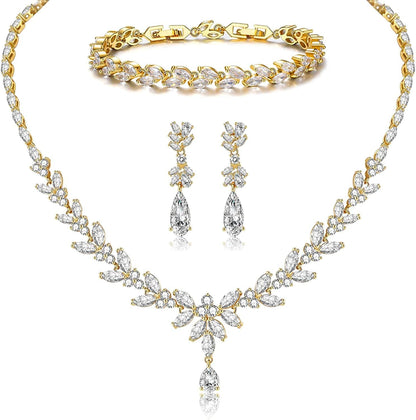 Jewelry Set for Women, Cubic Zirconia Necklace Dangle Earrings & Bracelet Jewelry Set for Bride Bridesmaid Wedding Engagement Prom Party Gold-Necklace+Bracelet+Earrings