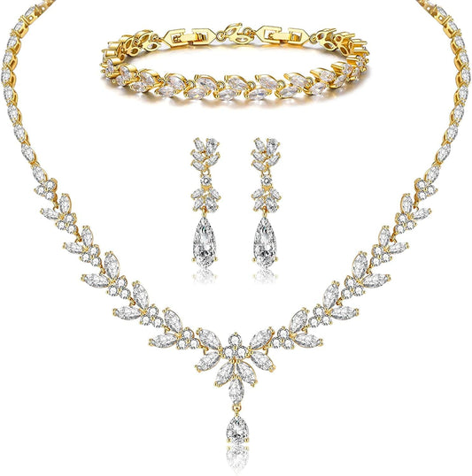 Jewelry Set for Women, Cubic Zirconia Necklace Dangle Earrings & Bracelet Jewelry Set for Bride Bridesmaid Wedding Engagement Prom Party Gold-Necklace+Bracelet+Earrings