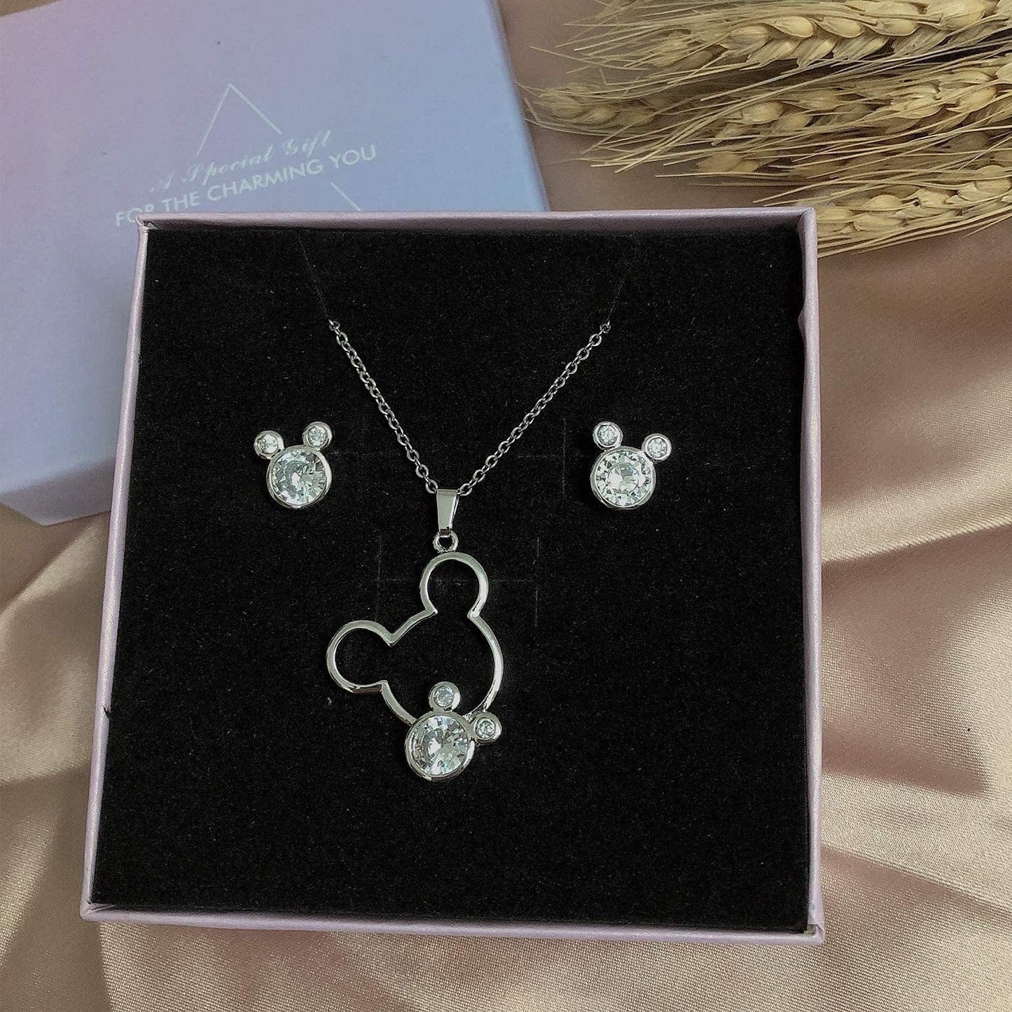 Jewelry Set for Women Girl,S925 Silver Plated Mouse Earring Necklace Kits,Cute Ear Stud and Pendant with Shinying CZ for Women'S Day Gift,Hypo-Allergenic
