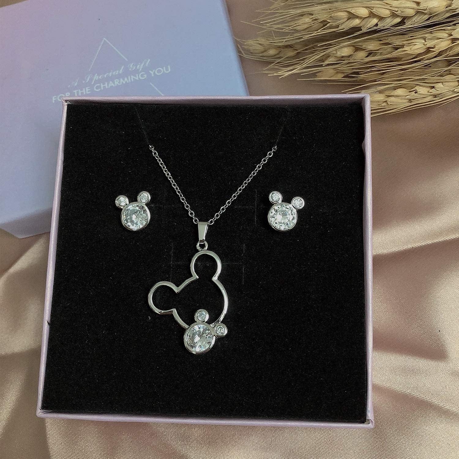 Jewelry Set for Women Girl,S925 Silver Plated Mouse Earring Necklace Kits,Cute Ear Stud and Pendant with Shinying CZ for Women'S Day Gift,Hypo-Allergenic