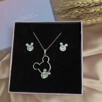 Jewelry Set for Women Girl,S925 Silver Plated Mouse Earring Necklace Kits,Cute Ear Stud and Pendant with Shinying CZ for Women'S Day Gift,Hypo-Allergenic