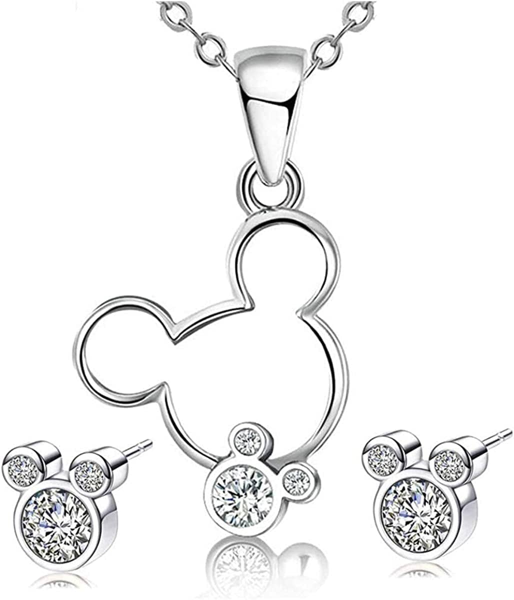 Jewelry Set for Women Girl,S925 Silver Plated Mouse Earring Necklace Kits,Cute Ear Stud and Pendant with Shinying CZ for Women'S Day Gift,Hypo-Allergenic White-1