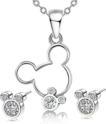 Jewelry Set for Women Girl,S925 Silver Plated Mouse Earring Necklace Kits,Cute Ear Stud and Pendant with Shinying CZ for Women'S Day Gift,Hypo-Allergenic White-1