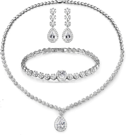 Jewelry Set for Women, Necklace Dangle Earrings Bracelet Set, White Gold Plated Jewelry Set with White AAA Cubic Zirconia, Allergy Free Wedding Party Jewelry for Bridal Bridesmaid white gold plated
