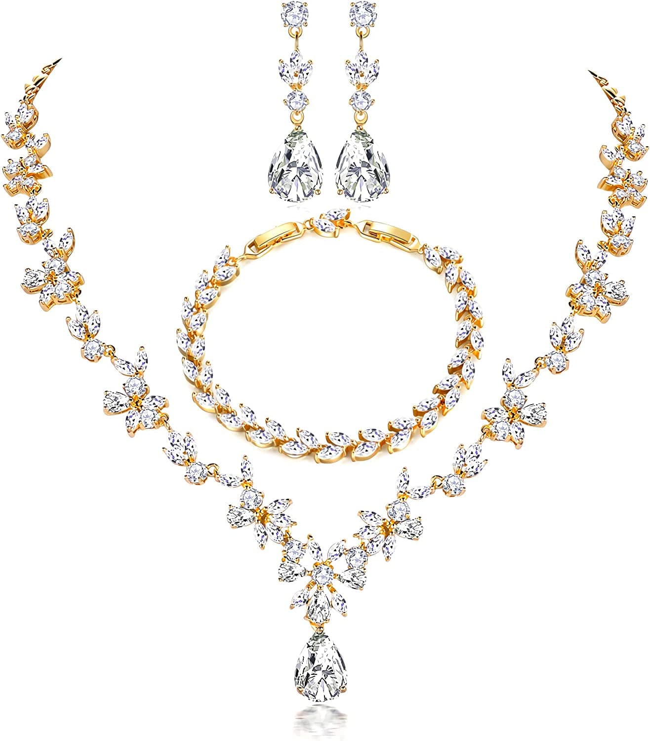 Jewelry Set for Women, Necklace Dangle Earrings Bracelet Set, White Gold Plated Jewelry Set with White AAA Cubic Zirconia, Allergy Free Wedding Party Jewelry for Bridal Bridesmaid Necklace + Earrings + Bracelet- gold plated