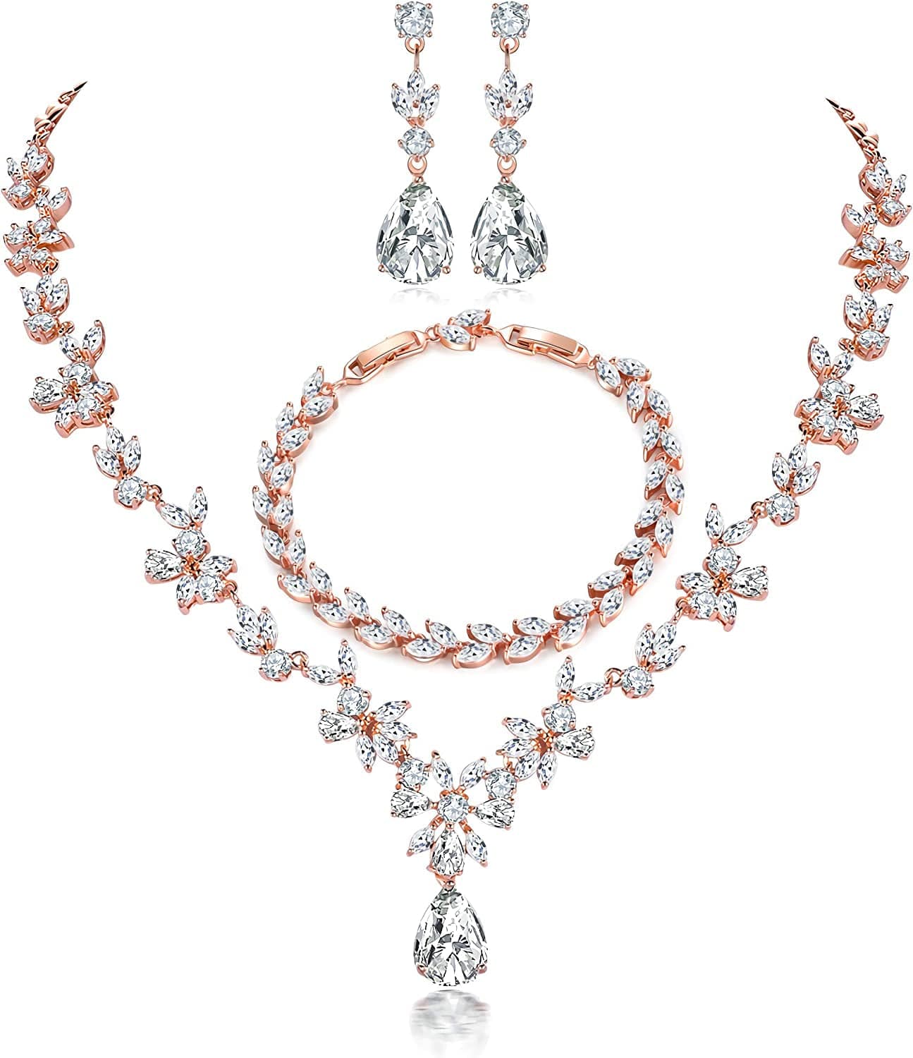 Jewelry Set for Women, Necklace Dangle Earrings Bracelet Set, White Gold Plated Jewelry Set with White AAA Cubic Zirconia, Allergy Free Wedding Party Jewelry for Bridal Bridesmaid Necklace + Earrings + Bracelet-Rose gold plated