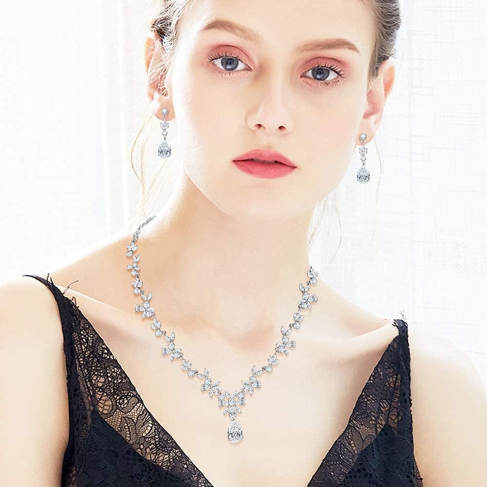 Jewelry Set for Women, Necklace Dangle Earrings Bracelet Set, White Gold Plated Jewelry Set with White AAA Cubic Zirconia, Allergy Free Wedding Party Jewelry for Bridal Bridesmaid