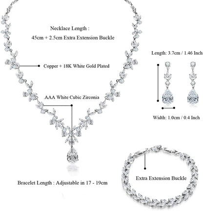 Jewelry Set for Women, Necklace Dangle Earrings Bracelet Set, White Gold Plated Jewelry Set with White AAA Cubic Zirconia, Allergy Free Wedding Party Jewelry for Bridal Bridesmaid