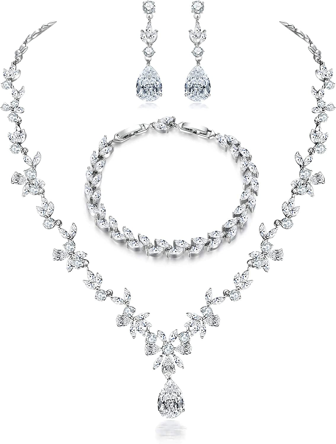 Jewelry Set for Women, Necklace Dangle Earrings Bracelet Set, White Gold Plated Jewelry Set with White AAA Cubic Zirconia, Allergy Free Wedding Party Jewelry for Bridal Bridesmaid Necklace + Earrings + Bracelet