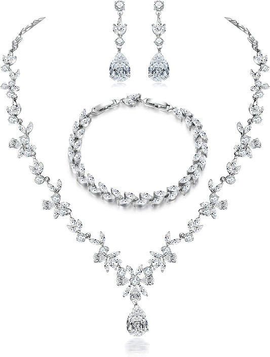 Jewelry Set for Women, Necklace Dangle Earrings Bracelet Set, White Gold Plated Jewelry Set with White AAA Cubic Zirconia, Allergy Free Wedding Party Jewelry for Bridal Bridesmaid Necklace + Earrings + Bracelet