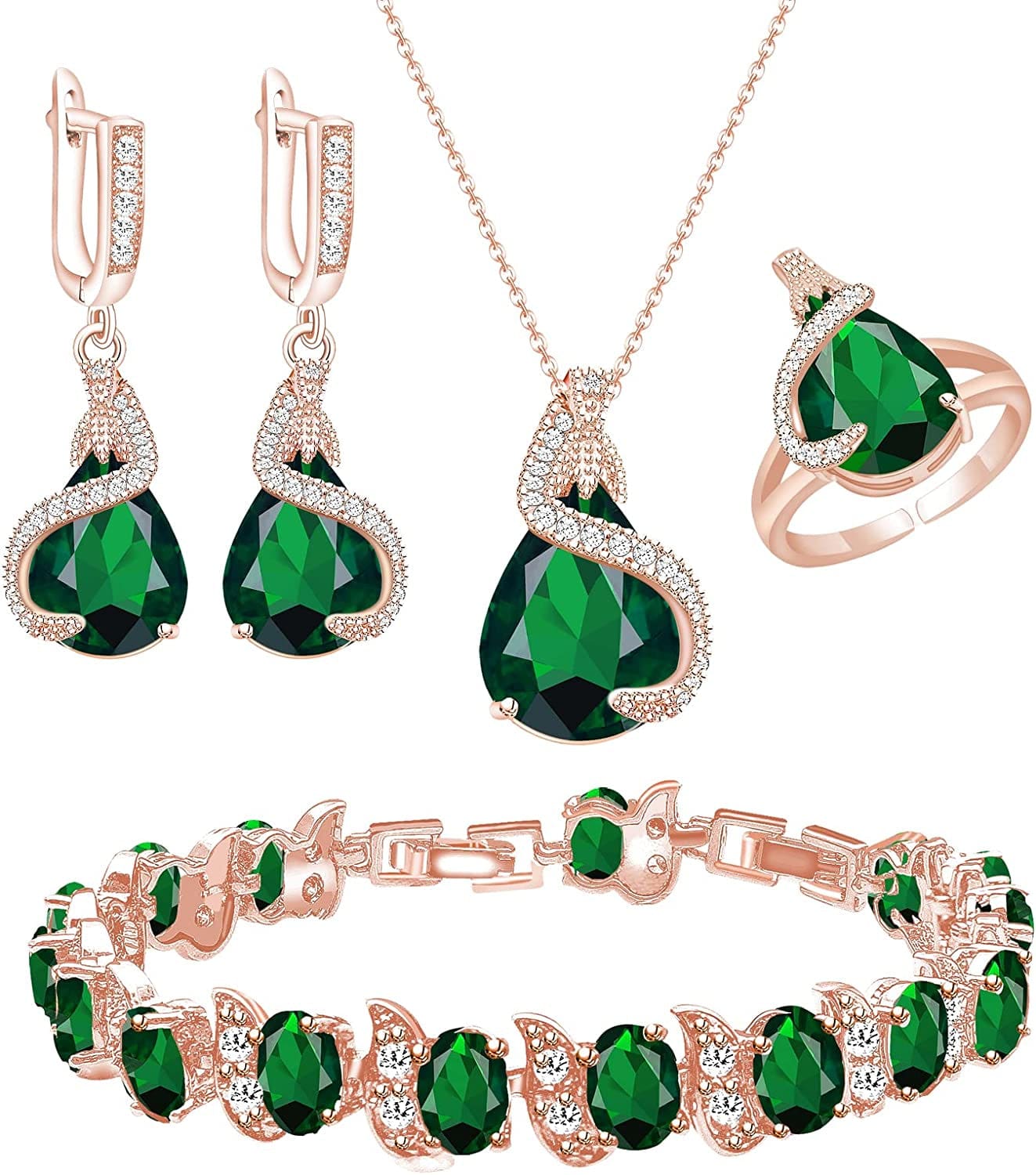Jewelry Set for Women Water Drop Cubic Zirconia Artificial Crystal Earrings Pendant Necklace Open Ring Tennis Bracelet Wedding Anniversary Birthday Engagement Gift for Bridesmaid Wife Girlfriend Friend Rose Gold-Green
