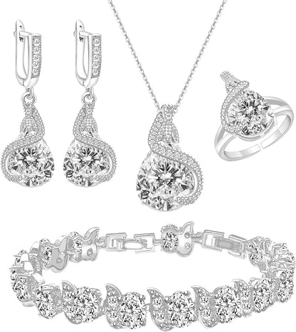 Jewelry Set for Women Water Drop Cubic Zirconia Artificial Crystal Earrings Pendant Necklace Open Ring Tennis Bracelet Wedding Anniversary Birthday Engagement Gift for Bridesmaid Wife Girlfriend Friend White