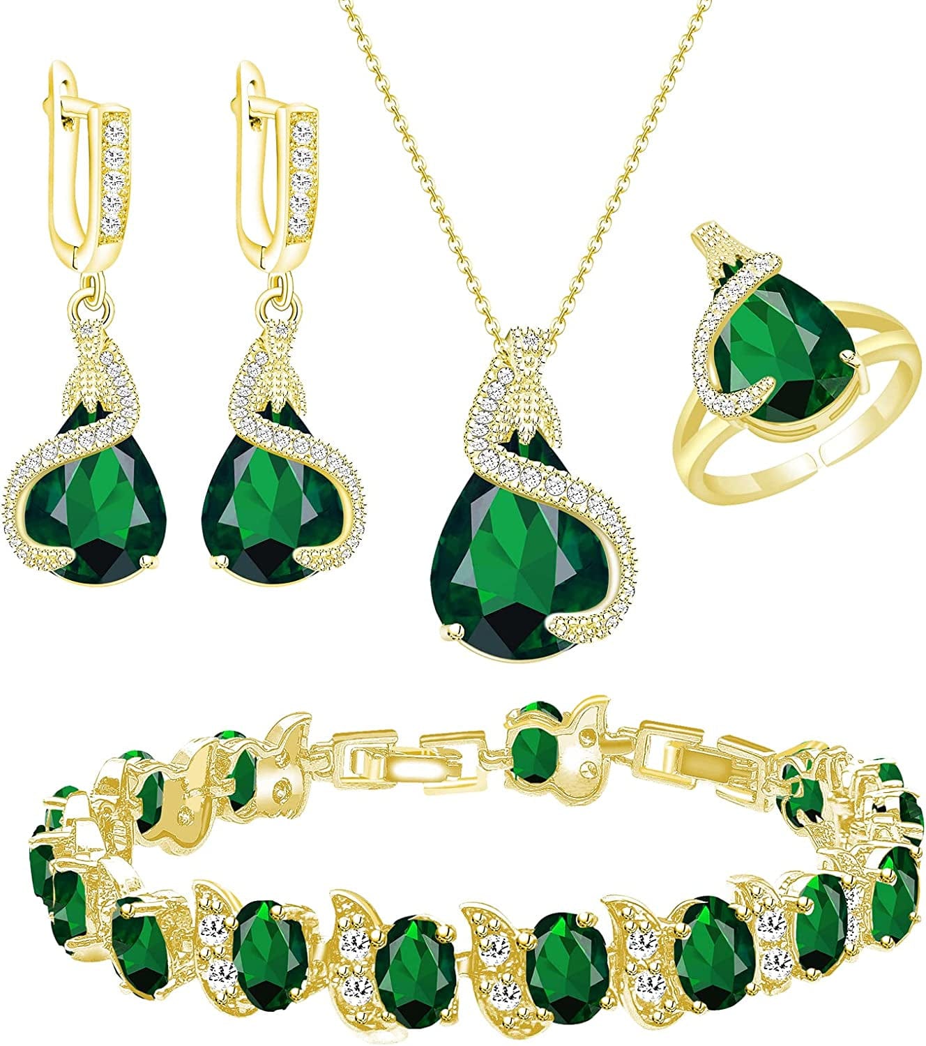 Jewelry Set for Women Water Drop Cubic Zirconia Artificial Crystal Earrings Pendant Necklace Open Ring Tennis Bracelet Wedding Anniversary Birthday Engagement Gift for Bridesmaid Wife Girlfriend Friend Gold-Green