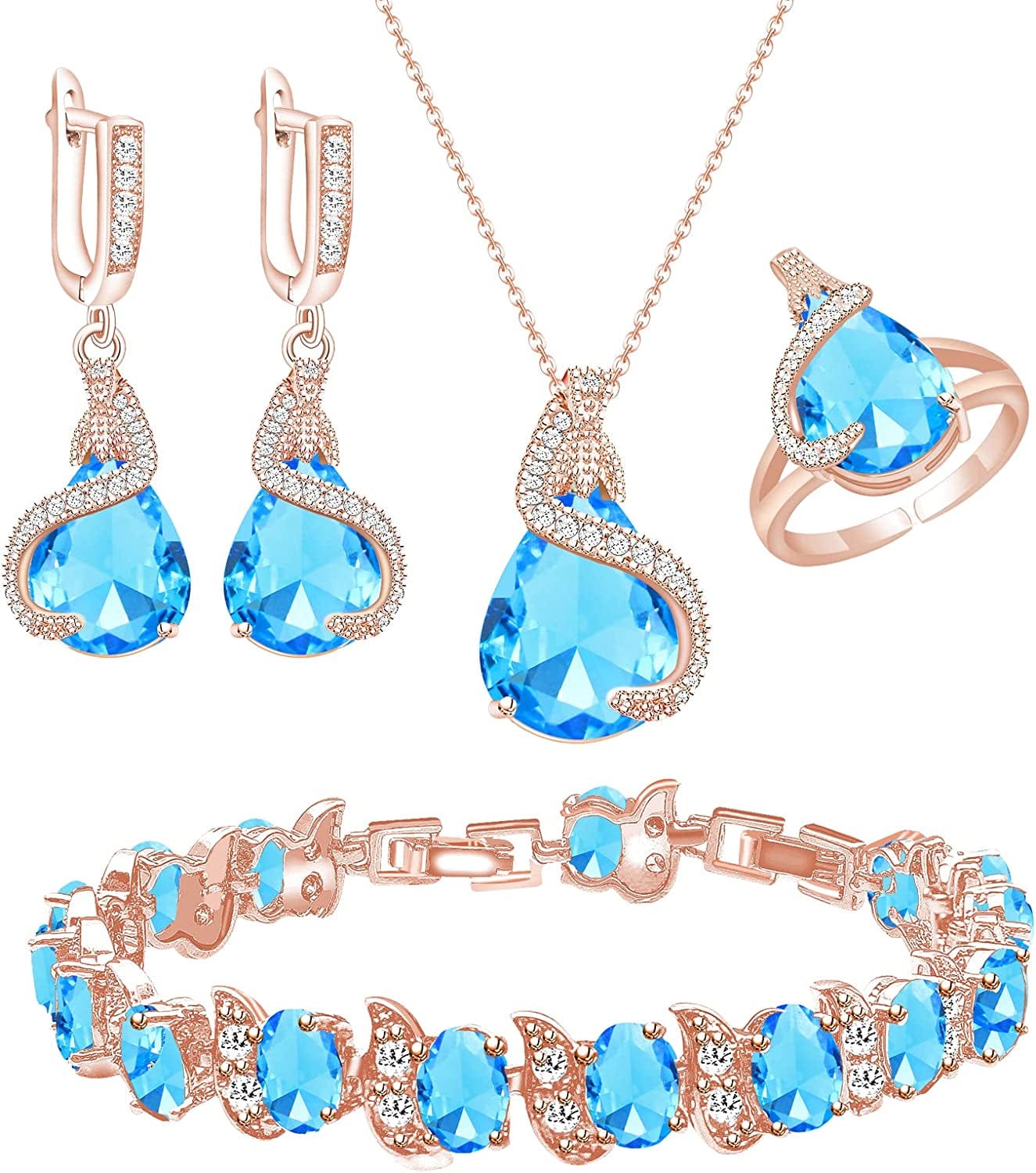 Jewelry Set for Women Water Drop Cubic Zirconia Artificial Crystal Earrings Pendant Necklace Open Ring Tennis Bracelet Wedding Anniversary Birthday Engagement Gift for Bridesmaid Wife Girlfriend Friend Rose Gold-Sky Blue