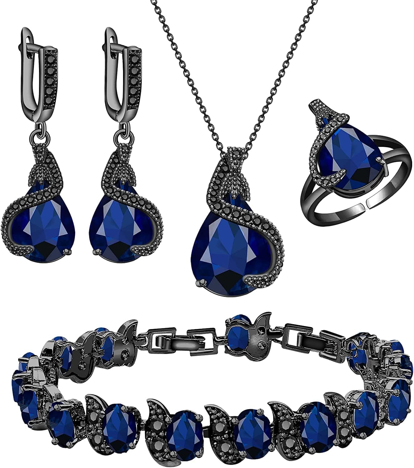 Jewelry Set for Women Water Drop Cubic Zirconia Artificial Crystal Earrings Pendant Necklace Open Ring Tennis Bracelet Wedding Anniversary Birthday Engagement Gift for Bridesmaid Wife Girlfriend Friend Black Gun-Blue