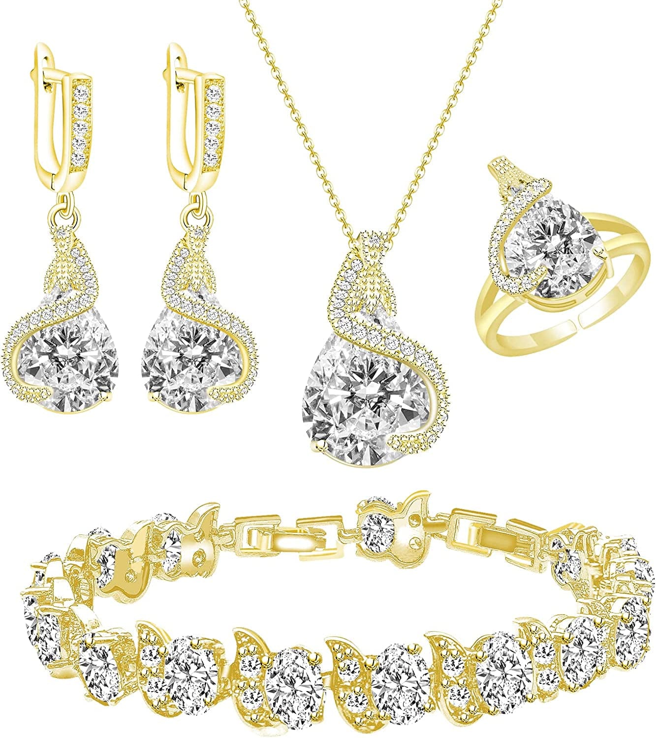 Jewelry Set for Women Water Drop Cubic Zirconia Artificial Crystal Earrings Pendant Necklace Open Ring Tennis Bracelet Wedding Anniversary Birthday Engagement Gift for Bridesmaid Wife Girlfriend Friend Gold-White