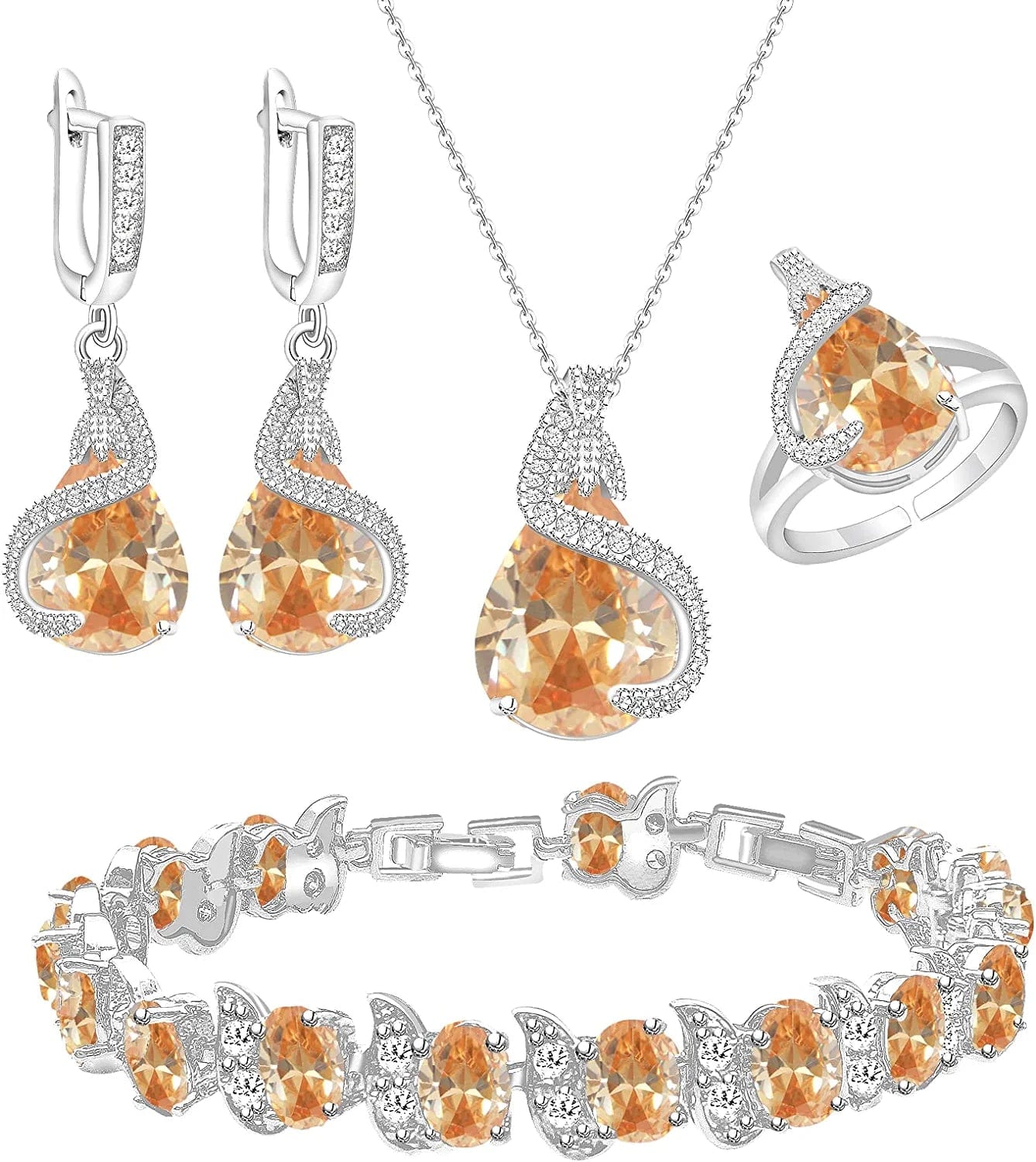 Jewelry Set for Women Water Drop Cubic Zirconia Artificial Crystal Earrings Pendant Necklace Open Ring Tennis Bracelet Wedding Anniversary Birthday Engagement Gift for Bridesmaid Wife Girlfriend Friend Champagne