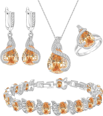 Jewelry Set for Women Water Drop Cubic Zirconia Artificial Crystal Earrings Pendant Necklace Open Ring Tennis Bracelet Wedding Anniversary Birthday Engagement Gift for Bridesmaid Wife Girlfriend Friend Champagne
