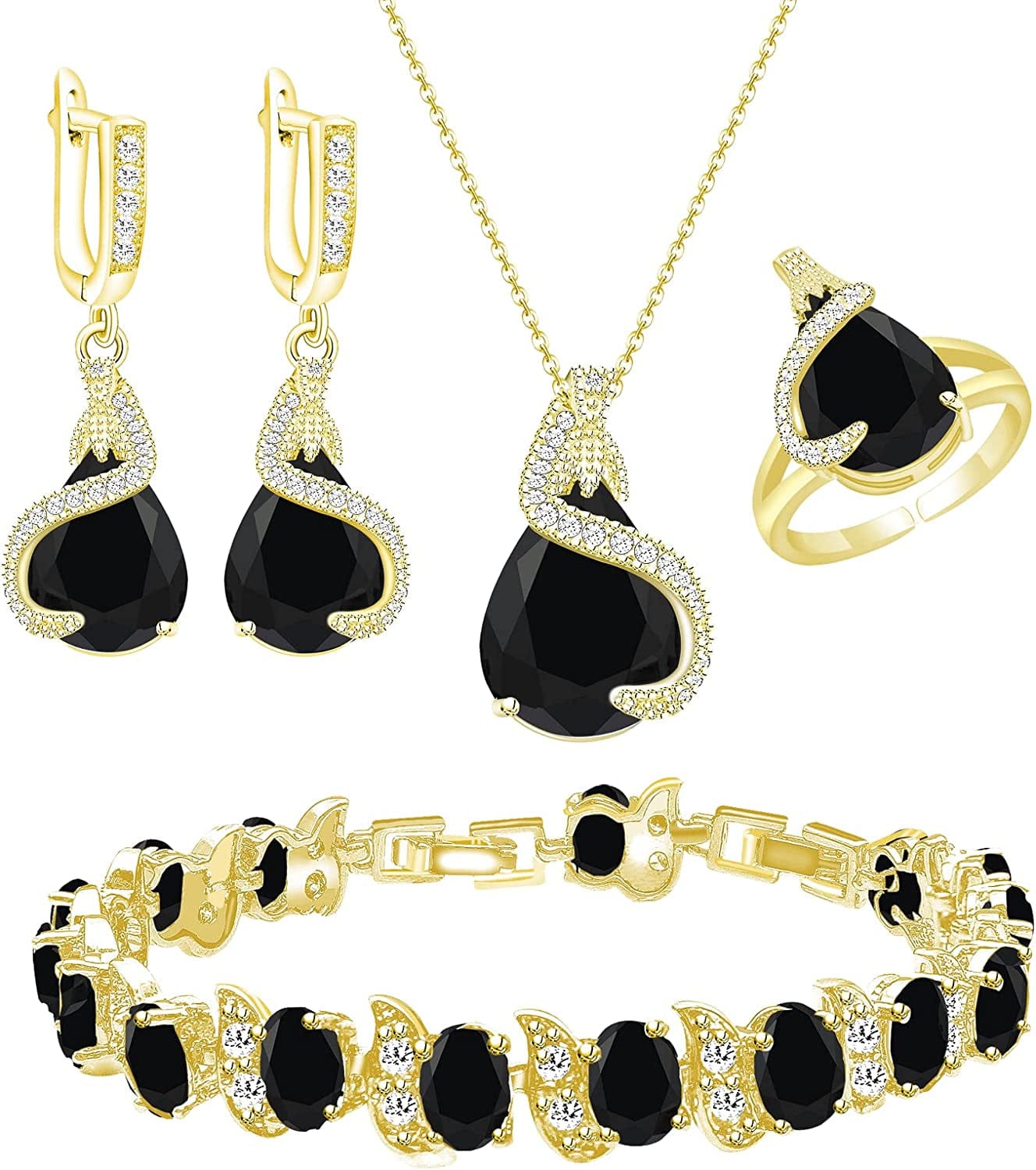 Jewelry Set for Women Water Drop Cubic Zirconia Artificial Crystal Earrings Pendant Necklace Open Ring Tennis Bracelet Wedding Anniversary Birthday Engagement Gift for Bridesmaid Wife Girlfriend Friend Gold-Black