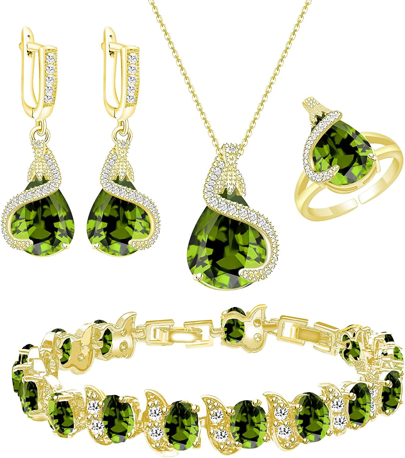 Jewelry Set for Women Water Drop Cubic Zirconia Artificial Crystal Earrings Pendant Necklace Open Ring Tennis Bracelet Wedding Anniversary Birthday Engagement Gift for Bridesmaid Wife Girlfriend Friend Gold-Olive Green