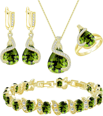 Jewelry Set for Women Water Drop Cubic Zirconia Artificial Crystal Earrings Pendant Necklace Open Ring Tennis Bracelet Wedding Anniversary Birthday Engagement Gift for Bridesmaid Wife Girlfriend Friend Gold-Olive Green