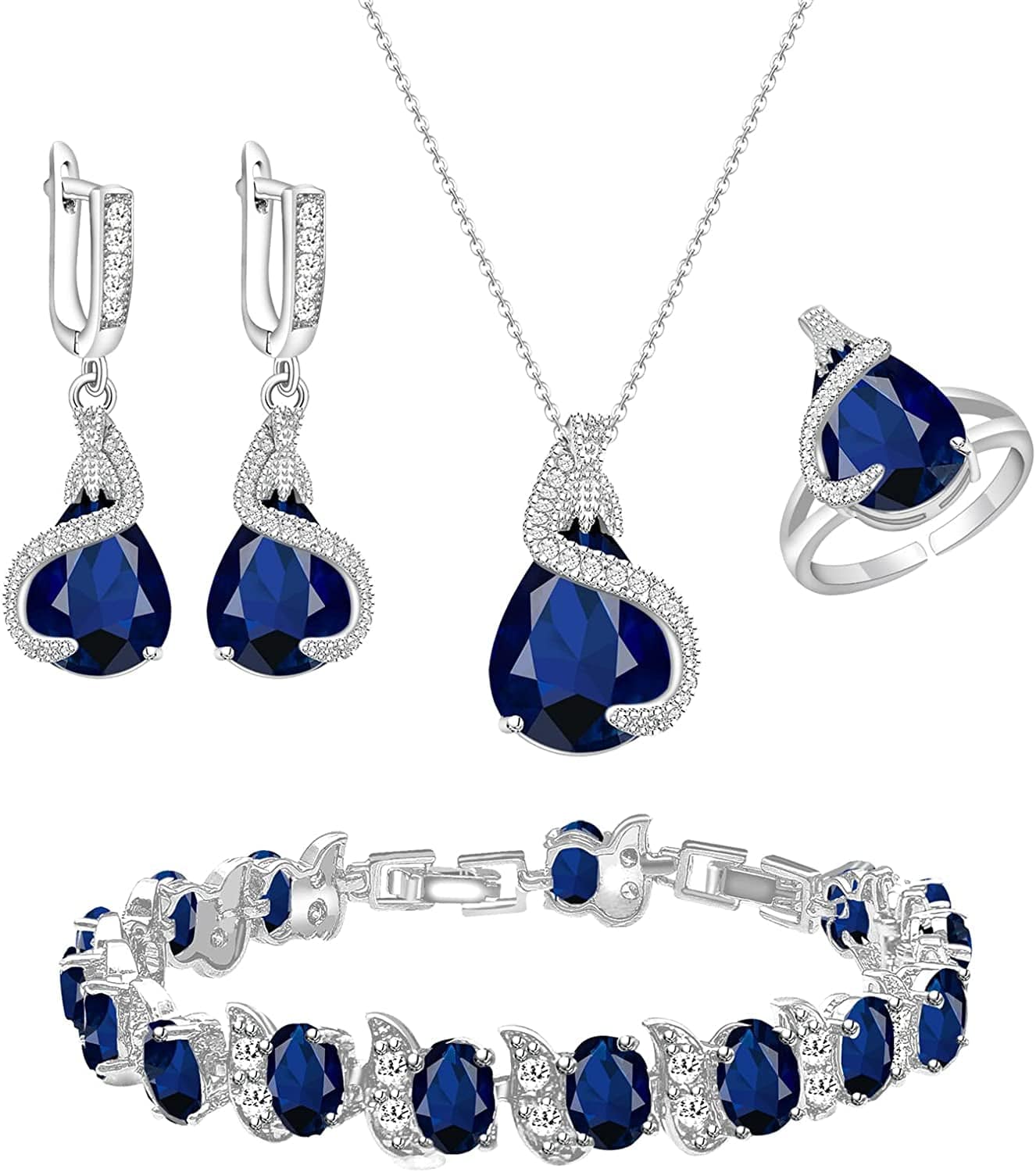 Jewelry Set for Women Water Drop Cubic Zirconia Artificial Crystal Earrings Pendant Necklace Open Ring Tennis Bracelet Wedding Anniversary Birthday Engagement Gift for Bridesmaid Wife Girlfriend Friend Blue