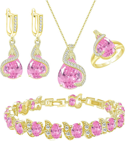 Jewelry Set for Women Water Drop Cubic Zirconia Artificial Crystal Earrings Pendant Necklace Open Ring Tennis Bracelet Wedding Anniversary Birthday Engagement Gift for Bridesmaid Wife Girlfriend Friend Gold-Pink
