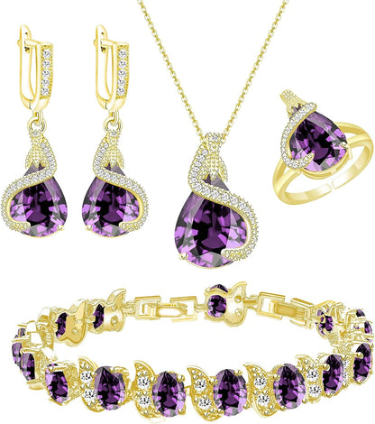 Jewelry Set for Women Water Drop Cubic Zirconia Artificial Crystal Earrings Pendant Necklace Open Ring Tennis Bracelet Wedding Anniversary Birthday Engagement Gift for Bridesmaid Wife Girlfriend Friend Gold-Purple