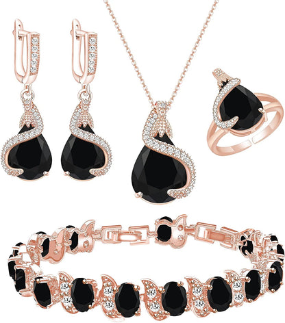 Jewelry Set for Women Water Drop Cubic Zirconia Artificial Crystal Earrings Pendant Necklace Open Ring Tennis Bracelet Wedding Anniversary Birthday Engagement Gift for Bridesmaid Wife Girlfriend Friend Rose Gold-Black