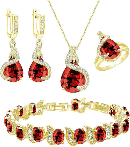 Jewelry Set for Women Water Drop Cubic Zirconia Artificial Crystal Earrings Pendant Necklace Open Ring Tennis Bracelet Wedding Anniversary Birthday Engagement Gift for Bridesmaid Wife Girlfriend Friend Gold-Garnet