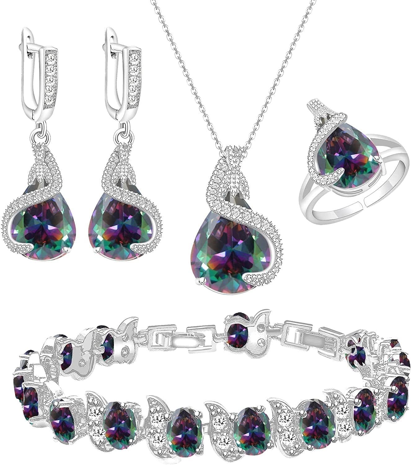 Jewelry Set for Women Water Drop Cubic Zirconia Artificial Crystal Earrings Pendant Necklace Open Ring Tennis Bracelet Wedding Anniversary Birthday Engagement Gift for Bridesmaid Wife Girlfriend Friend Rainbow