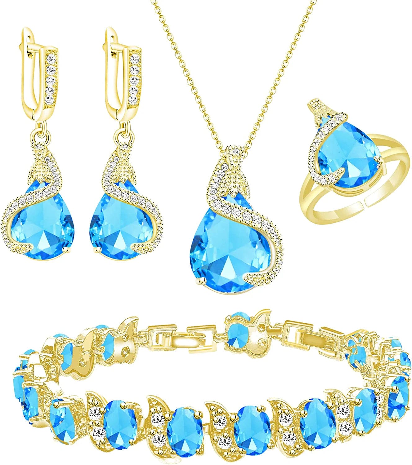 Jewelry Set for Women Water Drop Cubic Zirconia Artificial Crystal Earrings Pendant Necklace Open Ring Tennis Bracelet Wedding Anniversary Birthday Engagement Gift for Bridesmaid Wife Girlfriend Friend Gold-Sky Blue