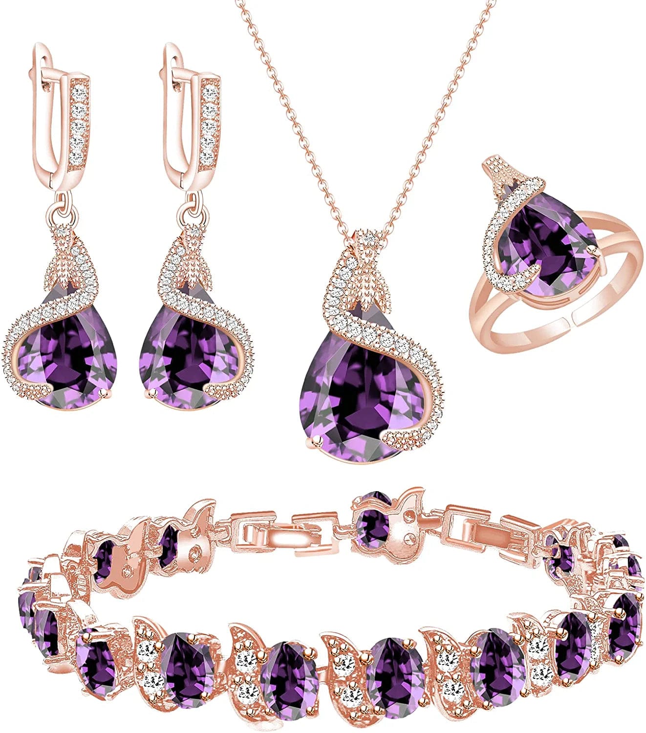 Jewelry Set for Women Water Drop Cubic Zirconia Artificial Crystal Earrings Pendant Necklace Open Ring Tennis Bracelet Wedding Anniversary Birthday Engagement Gift for Bridesmaid Wife Girlfriend Friend Rose Gold-Purple