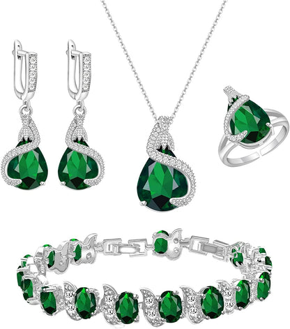 Jewelry Set for Women Water Drop Cubic Zirconia Artificial Crystal Earrings Pendant Necklace Open Ring Tennis Bracelet Wedding Anniversary Birthday Engagement Gift for Bridesmaid Wife Girlfriend Friend Green