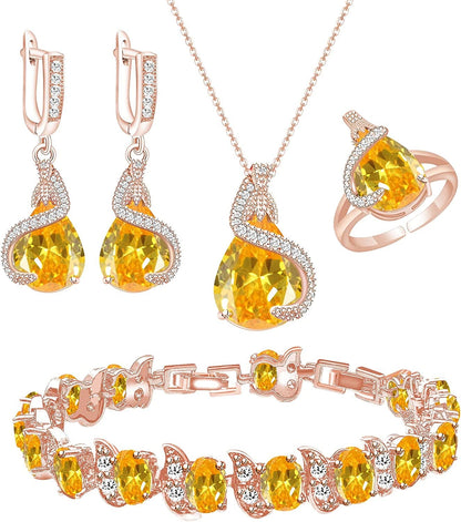 Jewelry Set for Women Water Drop Cubic Zirconia Artificial Crystal Earrings Pendant Necklace Open Ring Tennis Bracelet Wedding Anniversary Birthday Engagement Gift for Bridesmaid Wife Girlfriend Friend Rose Gold-Yellow