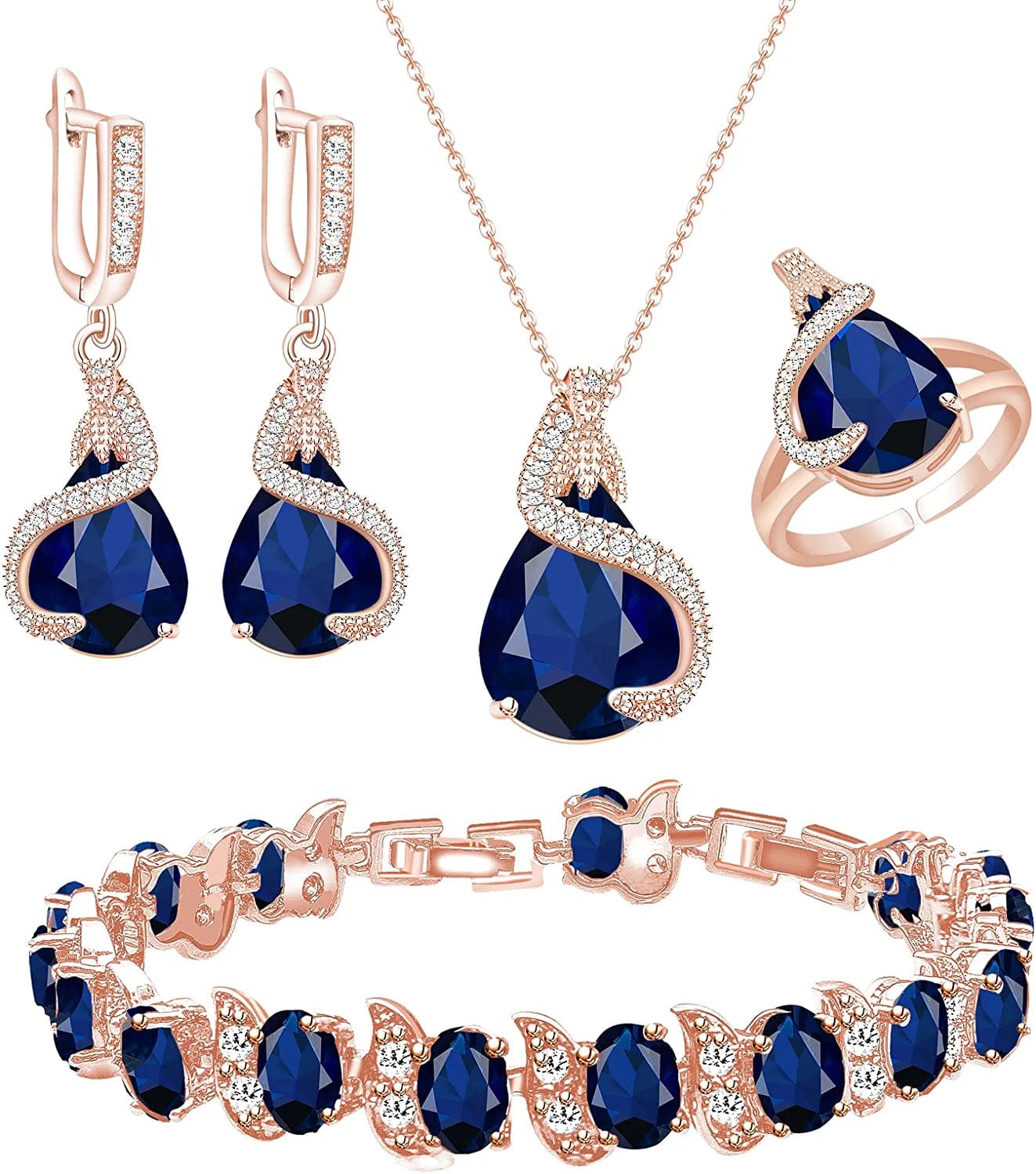Jewelry Set for Women Water Drop Cubic Zirconia Artificial Crystal Earrings Pendant Necklace Open Ring Tennis Bracelet Wedding Anniversary Birthday Engagement Gift for Bridesmaid Wife Girlfriend Friend Rose Gold-Blue