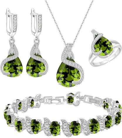 Jewelry Set for Women Water Drop Cubic Zirconia Artificial Crystal Earrings Pendant Necklace Open Ring Tennis Bracelet Wedding Anniversary Birthday Engagement Gift for Bridesmaid Wife Girlfriend Friend Olive Green