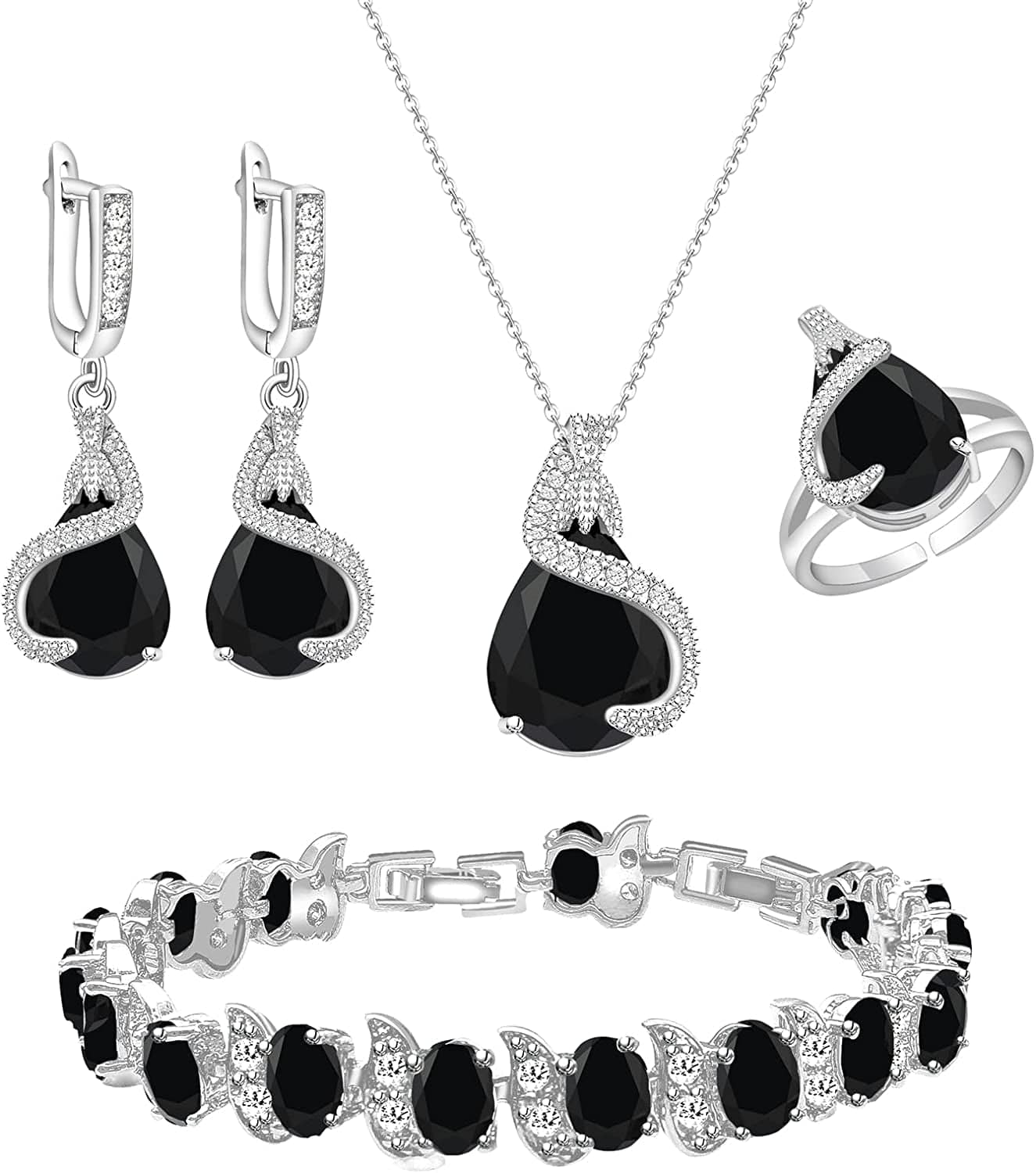 Jewelry Set for Women Water Drop Cubic Zirconia Artificial Crystal Earrings Pendant Necklace Open Ring Tennis Bracelet Wedding Anniversary Birthday Engagement Gift for Bridesmaid Wife Girlfriend Friend Black