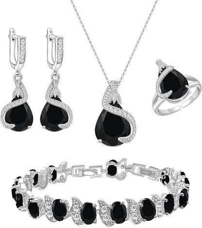 Jewelry Set for Women Water Drop Cubic Zirconia Artificial Crystal Earrings Pendant Necklace Open Ring Tennis Bracelet Wedding Anniversary Birthday Engagement Gift for Bridesmaid Wife Girlfriend Friend Black