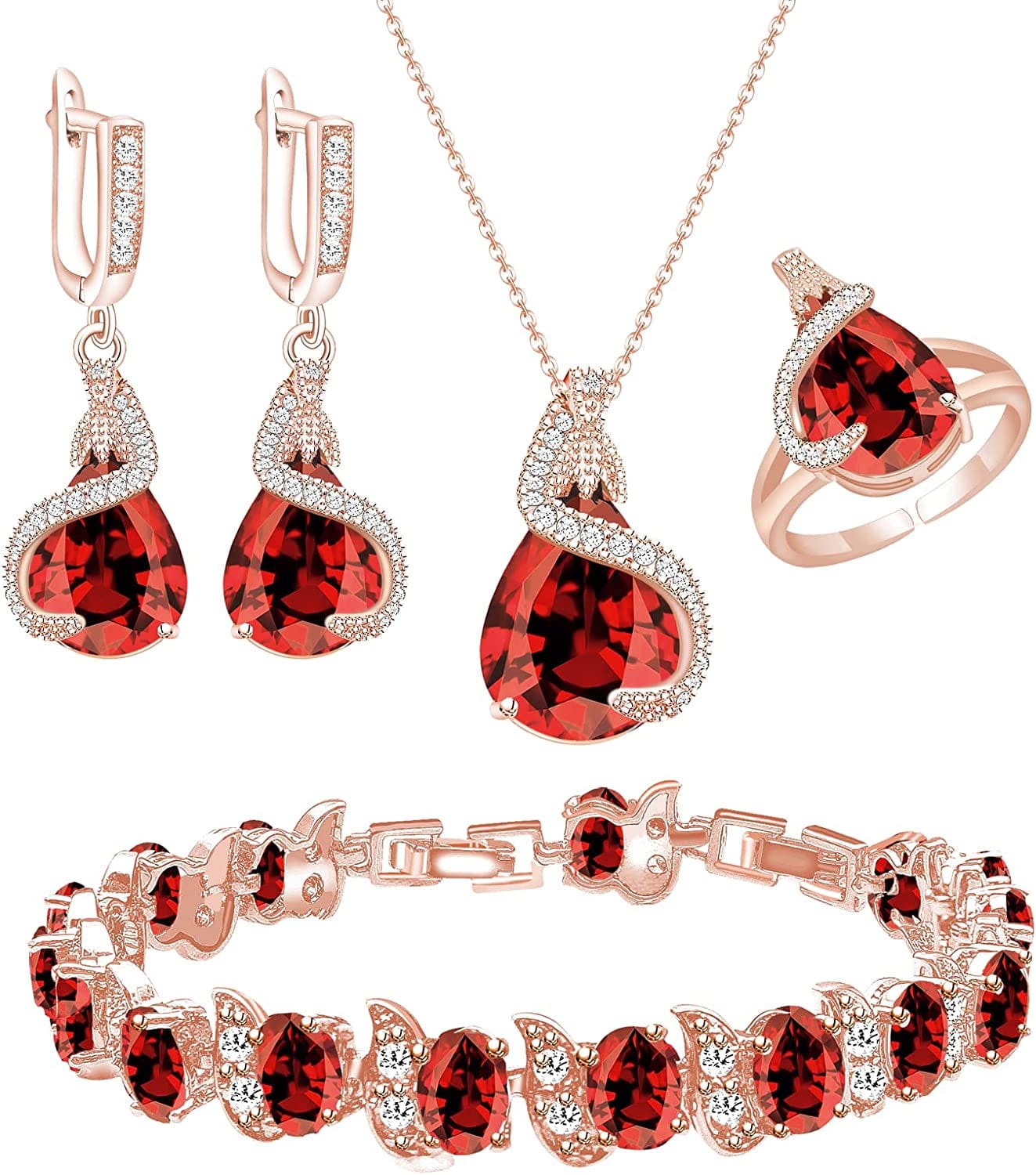 Jewelry Set for Women Water Drop Cubic Zirconia Artificial Crystal Earrings Pendant Necklace Open Ring Tennis Bracelet Wedding Anniversary Birthday Engagement Gift for Bridesmaid Wife Girlfriend Friend