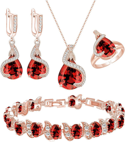 Jewelry Set for Women Water Drop Cubic Zirconia Artificial Crystal Earrings Pendant Necklace Open Ring Tennis Bracelet Wedding Anniversary Birthday Engagement Gift for Bridesmaid Wife Girlfriend Friend