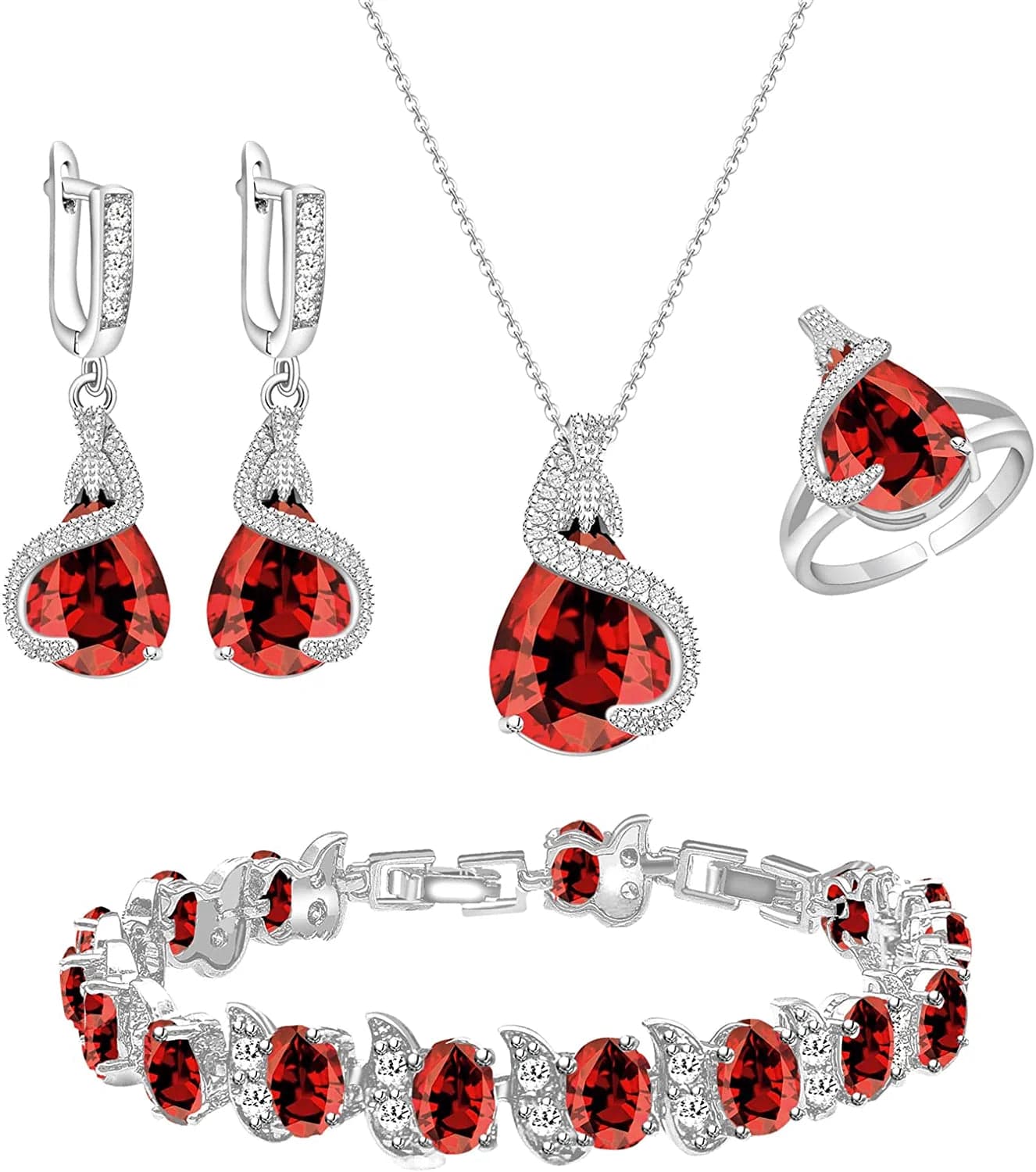 Jewelry Set for Women Water Drop Cubic Zirconia Artificial Crystal Earrings Pendant Necklace Open Ring Tennis Bracelet Wedding Anniversary Birthday Engagement Gift for Bridesmaid Wife Girlfriend Friend