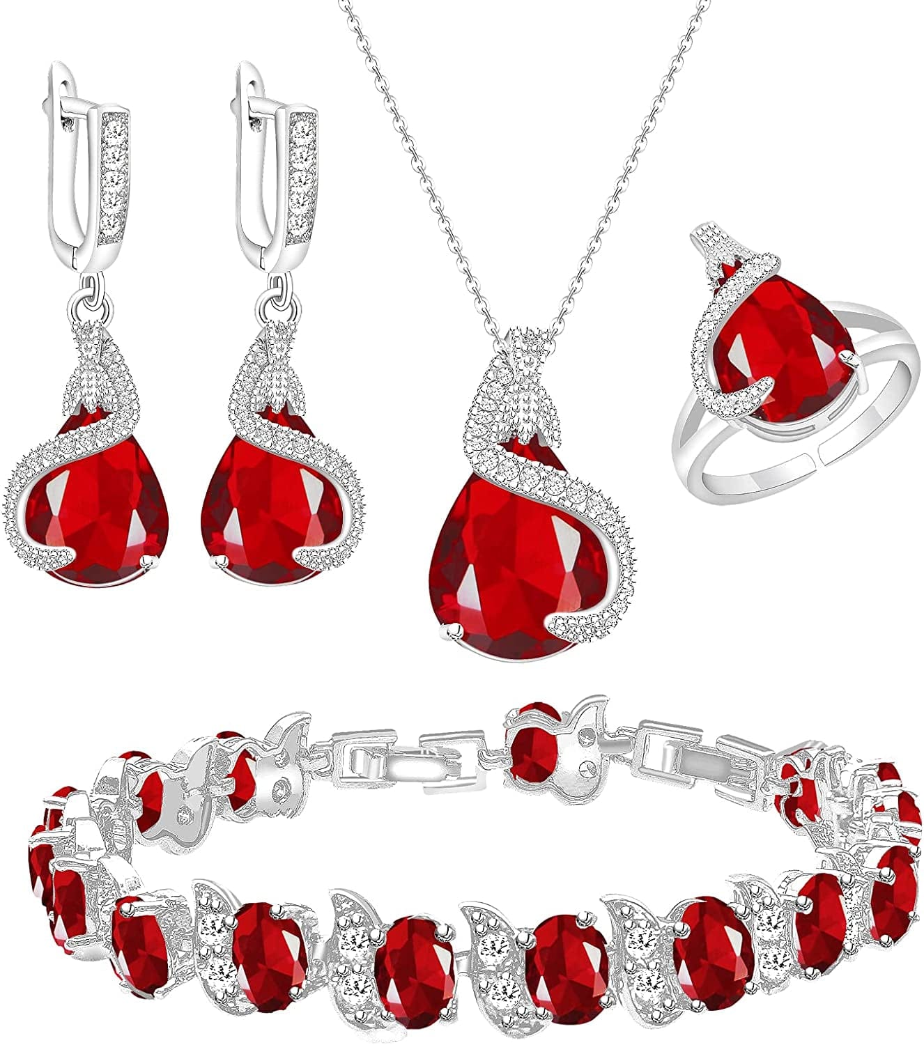 Jewelry Set for Women Water Drop Cubic Zirconia Artificial Crystal Earrings Pendant Necklace Open Ring Tennis Bracelet Wedding Anniversary Birthday Engagement Gift for Bridesmaid Wife Girlfriend Friend