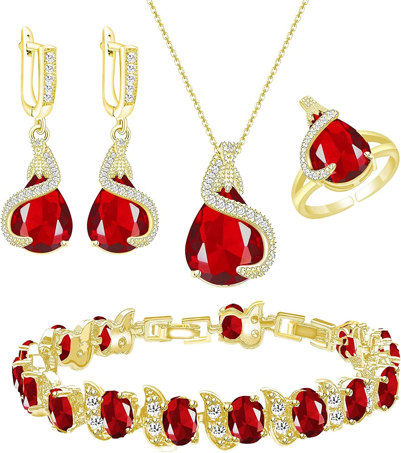 Jewelry Set for Women Water Drop Cubic Zirconia Artificial Crystal Earrings Pendant Necklace Open Ring Tennis Bracelet Wedding Anniversary Birthday Engagement Gift for Bridesmaid Wife Girlfriend Friend
