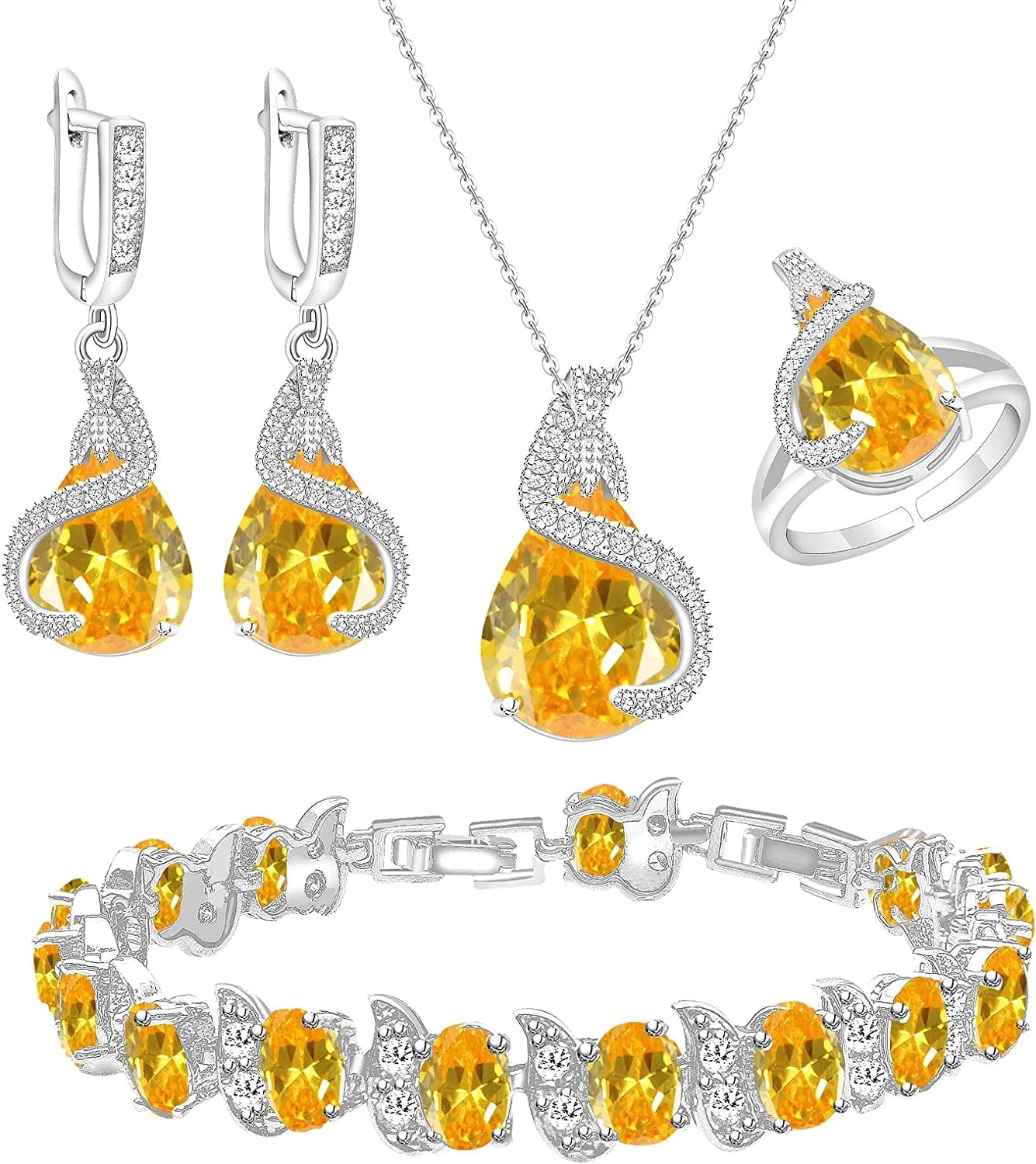 Jewelry Set for Women Water Drop Cubic Zirconia Artificial Crystal Earrings Pendant Necklace Open Ring Tennis Bracelet Wedding Anniversary Birthday Engagement Gift for Bridesmaid Wife Girlfriend Friend