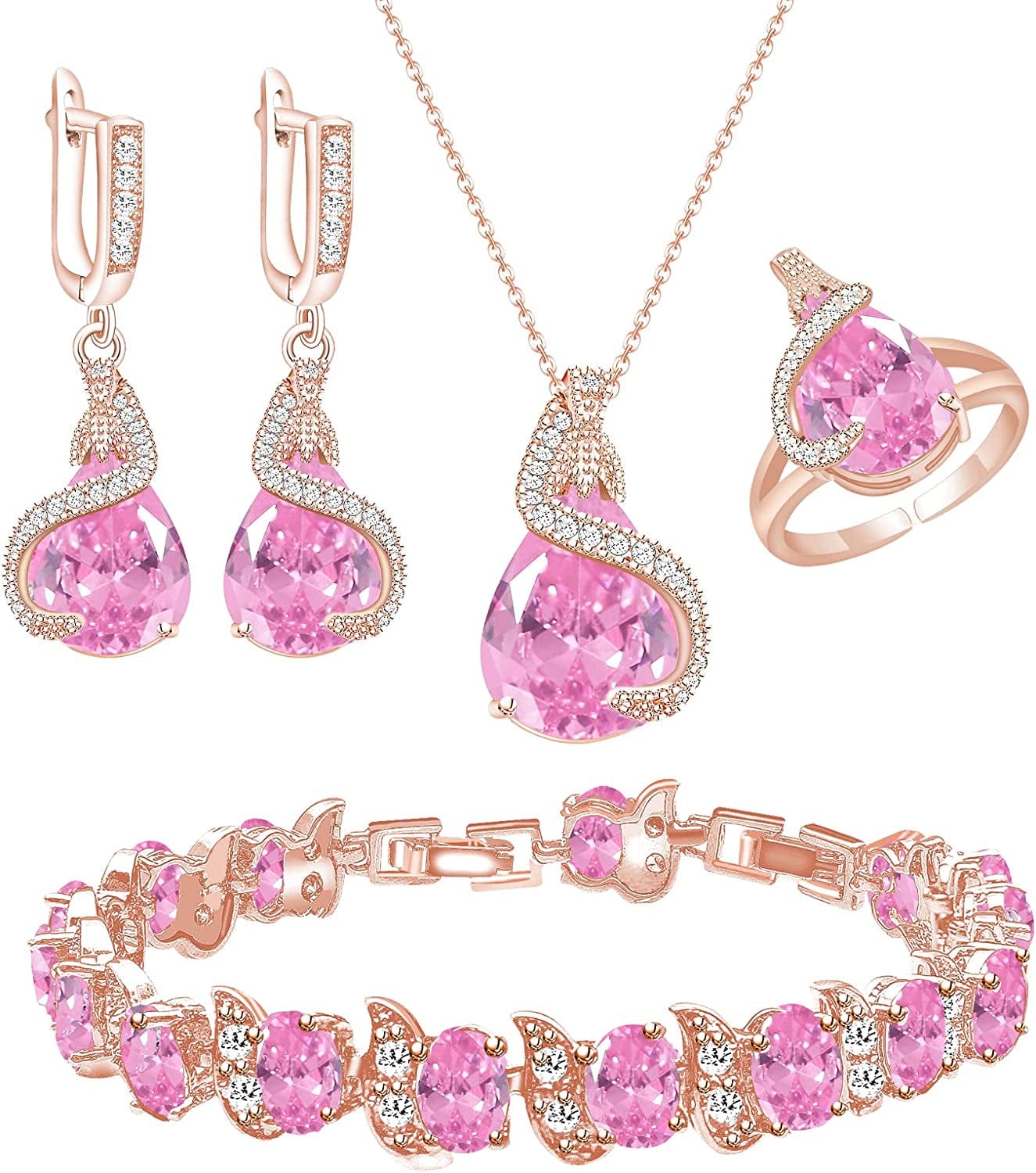 Jewelry Set for Women Water Drop Cubic Zirconia Artificial Crystal Earrings Pendant Necklace Open Ring Tennis Bracelet Wedding Anniversary Birthday Engagement Gift for Bridesmaid Wife Girlfriend Friend