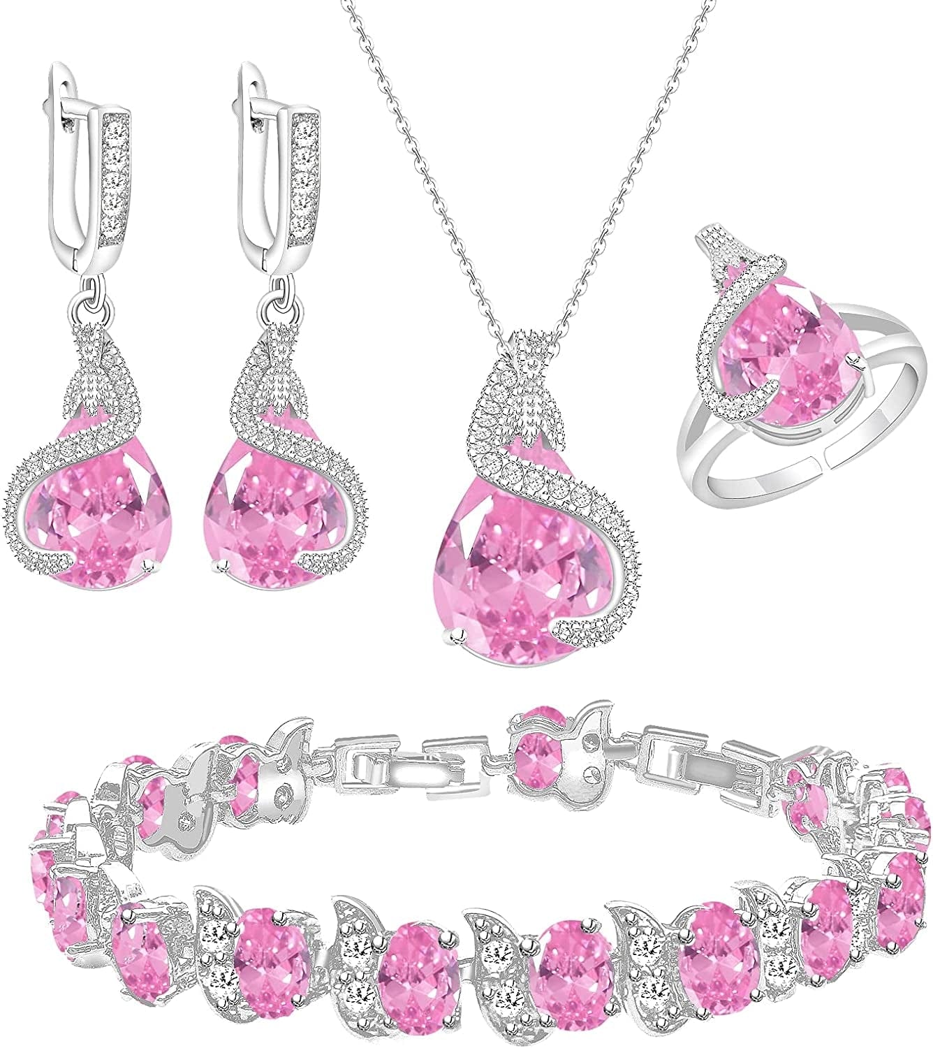 Jewelry Set for Women Water Drop Cubic Zirconia Artificial Crystal Earrings Pendant Necklace Open Ring Tennis Bracelet Wedding Anniversary Birthday Engagement Gift for Bridesmaid Wife Girlfriend Friend